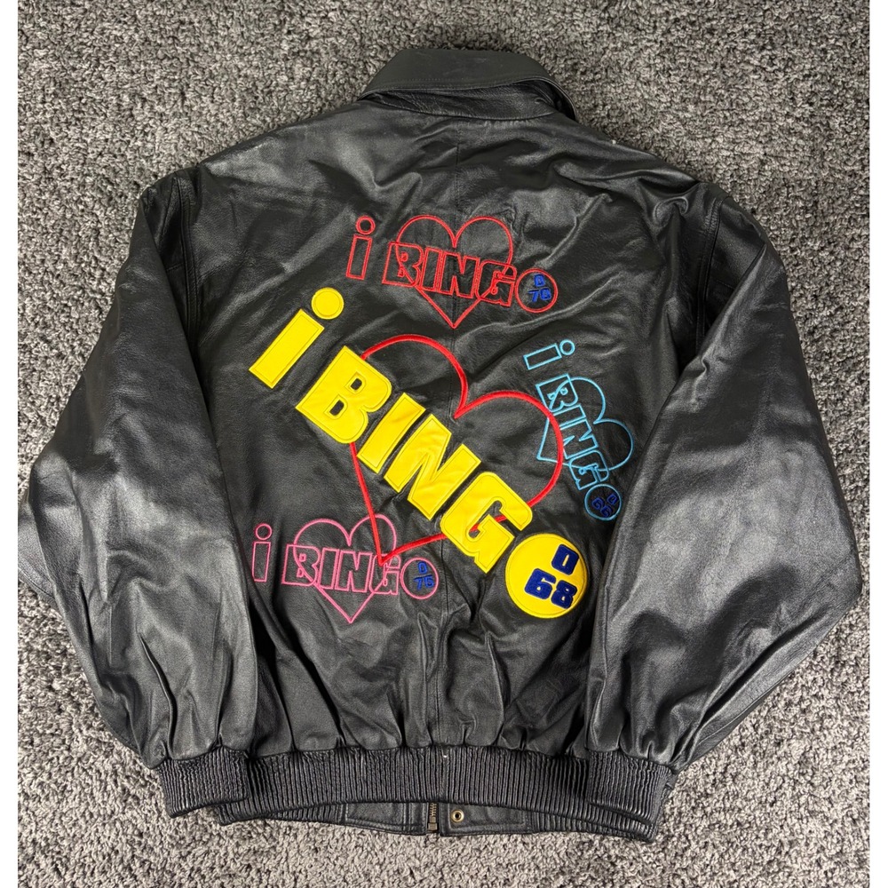 Vintage 90s Eagles Landing I BINGO Leather Bomber Jacket Mens Large Black Red